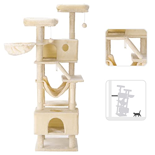Hey-brother Cat Tree, XL Cozy Cat Tower, 69 Inch Tall Cat Condo with Hammock, Basket, Scratching Posts, 2 Large Cat Caves, 2 Plush Perches, Stable Cat Activity Center, Light Gray MPJ033W