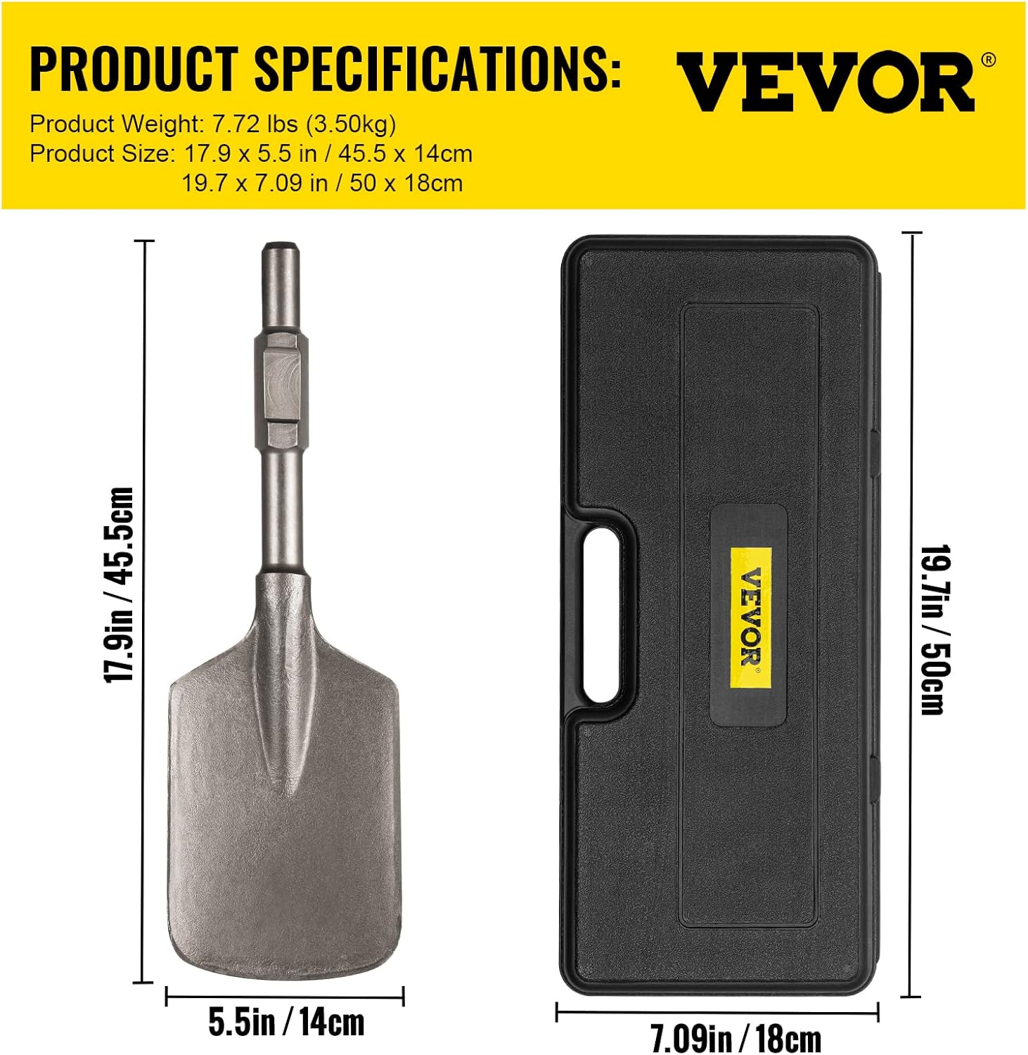 VEVOR Clay Spade, 17.9" x 5.5" 1-1/8" Hex Shank, 40Cr Steel Jackhammer Bit for Electric Demolition Jack Hammer w/Carrying Case, Trenching and Digging Shovel Bit for Clay, Gravel, Frozen Soil Pack of 2