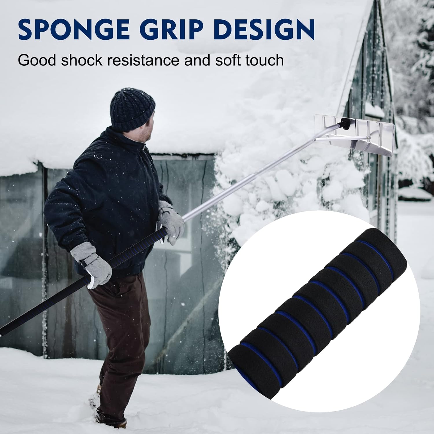Snow Roof Rake for Snow Removal, 4.78’-19.88’ Extendable Aluminum Snow Rake for House Roof, Time-Saving Lightweight Roof Snow Removal Tool with 25" Blade, 5-Section Tubes for Roof Snow, Wet Leaves Pack of 2
