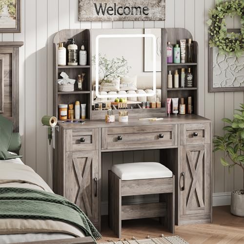 Vabches Makeup Vanity Desk, Vanity Mirror with Lights Desk and Chair,Makeup Table with 3 Large Drawers and 2 Cabinets, Time and Temperature Display, 3 LED Lighting Modes Adjustable, White