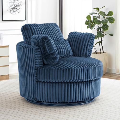 Chair and A Half with Ottoman, 360° Swivel Accent Barrel Chair Modern Comfy Round Reading Sofa Swivel Chairs Circle Lounge Chair for Bedroom Living Room w/4 Pillow Lower Seating Heigh (White, Large)