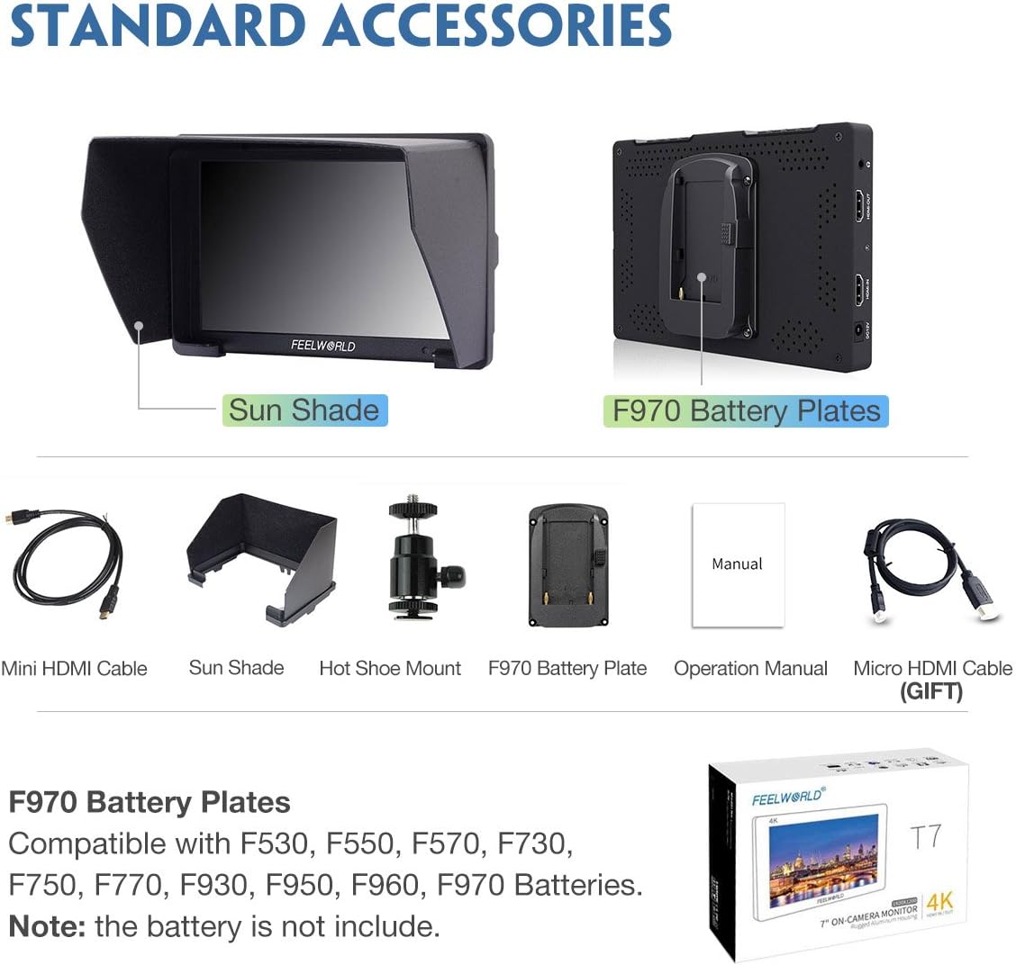 Feelworld T7 7 Camera Field Monitor 4K HDMI Imput Output 1920x1200 IPS Full HD Solid Aluminum Housing DSLR Video Assist with Peaking Focus False Colors (with Battery and Charger)