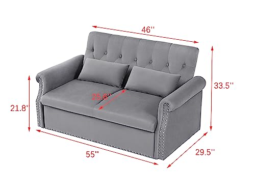 55" Button Tufted Upholstered Nailhead Decor Futon Loveseat Daybed Convertible Sleep Sofabed,3 in1 Reclining Backrest Love Seat w/Pull Out Sleeper Couch Bed Sofas, Gray Velvet 2 Pillows