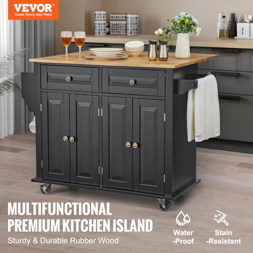 VEVOR Kitchen Island Cart with Solid Wood Top, 35.4" Width Mobile Carts with Storage Cabinet, Rolling Kitchen Table with Spice Rack, Towel Rack, and Drawer, Portable Islands on Wheels, White
