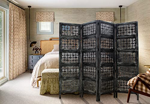 Room Divider Wood Screen - Ghanti Bells Antique Brown - 4 Panel Folding 72 x 80 - Assembled Hand Carved Decorative Functional Versatile Portable Partition Reversible Privacy Boho - COTTON CRAFT