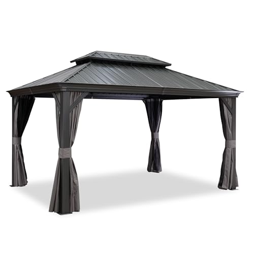 PURPLE LEAF 10' X 14' Permanent Hardtop Gazebo Aluminum Gazebo with Galvanized Steel Double Roof for Patio Lawn and Garden, Curtains and Netting Included, Grey