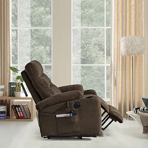 Lift Recliner Chair for Elderly,Power Vibration Massage Heated Arm Chair 2 Cup Holders,USB Charge Port,Fabric Single Sofa Seat Chair with 2 Side Pockets,Ergonomic Lounge Chair for Living Room (Brown)