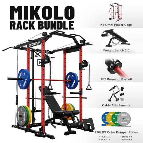 Mikolo Power Cage, Power Rack with Cable Crossover System, 1500LBS Squat Rack with LAT Pull Down System, Workout Cage with Pulley System for Fitness Home Gym