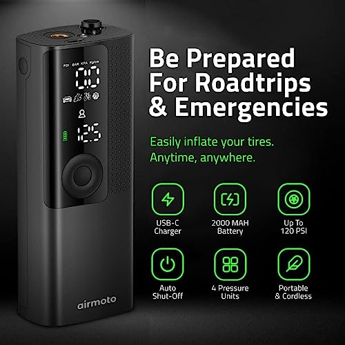 Airmoto Tire Inflator Portable Air Compressor - 2pack - Air Pump for Car Tires with Tire Pressure Gauge (120 PSI) - One Click Smart Pump Tire Inflator for Car, Motorcycle, Bicycle and More