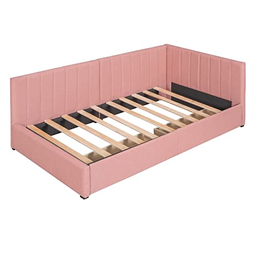Upholstered Bed Frame with L-Shaped Headboard, Twin Size Daybed with 2 Storage Drawers and Solid Slats Support, Modern Tufted Sofa Bed for Living Room, Bedroom, No Box Spring Needed, Beige