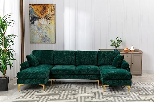 U-Shaped Sectional Sofa Couch, 114 Inches Modern Fabric Upholstered Accent Sofa with Chaise Lounge, Ottoman and 2 Pillows, Convertible Modular Large Sofa Couch for Living Room, Purple