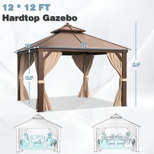 MELLCOM 12'x16' Hardtop Gazebo, Galvanized Steel Metal Double Roof Canopy with Curtains and Netting, Brown Permanent Pavilion Gazebos with Aluminum Frame for Garden, Patio, Lawns, Deck