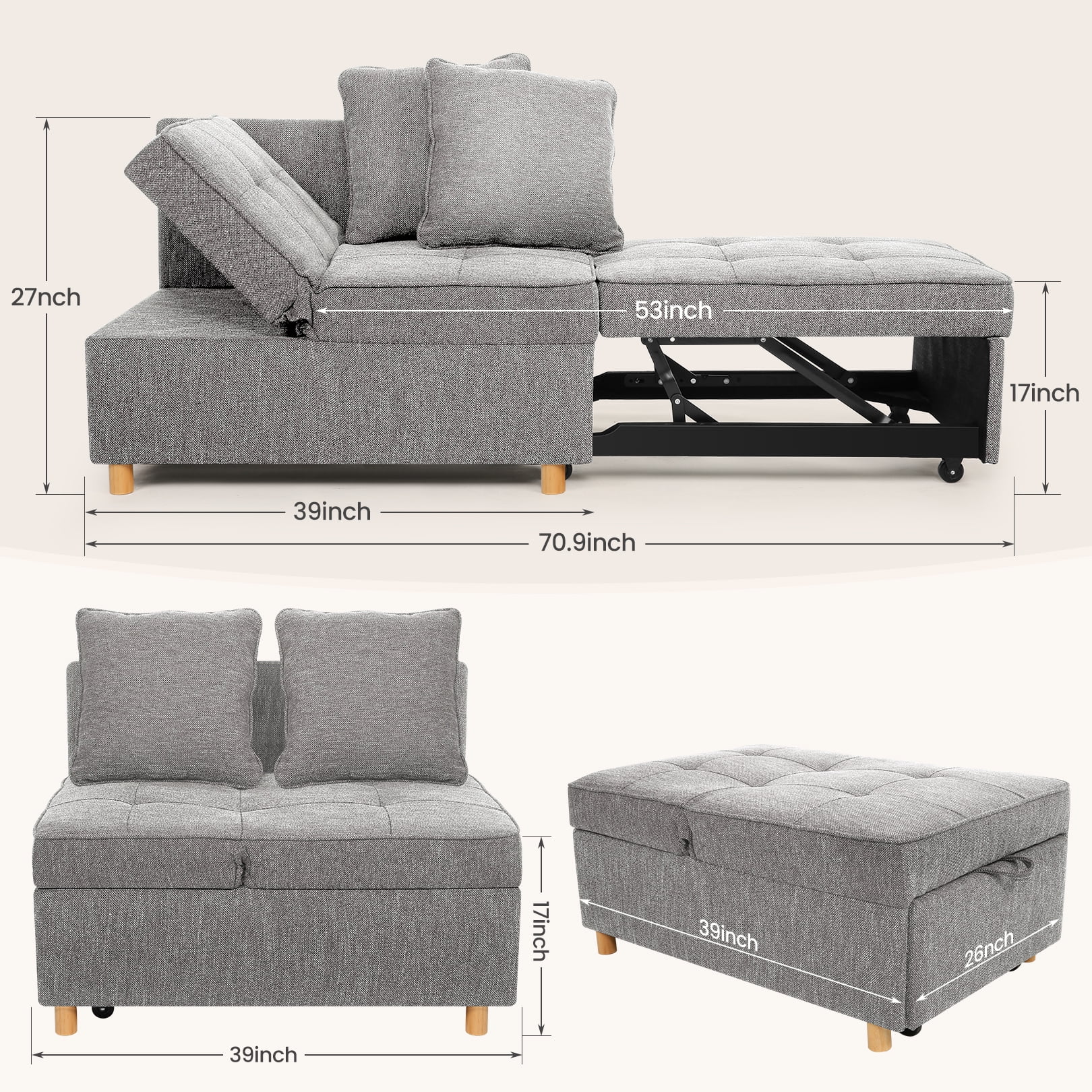 SEJOV Convertible Sofa Bed 4-in-1 Sofa Beds Chair 3-Seat Futon Sofa, Linen Sleep Bed Couch with 5 Adjustable Backrest and Pillows,Living Room Furniture for Apartment Living Room Office，Gray