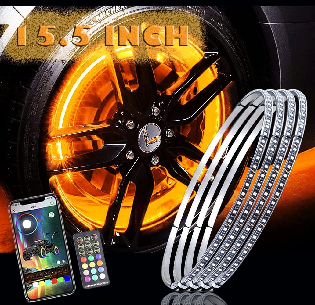 15.5IN RGB LED Wheel Light Kit-4PCS Single Row,Multicolor/waterproof,with Lock Function w/Turn Signal/Braking Functionand Can Controlled by Remote/app,Applicable to all trucks.SUVs