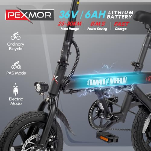 PEXMOR Electric Bike for Adults, 350W Motor (Peak 500W) Ebike 36V 6AH Battery, 14" Folding Commuter City Electric Bicycle for Adults/Teens, Complies to UL2849
