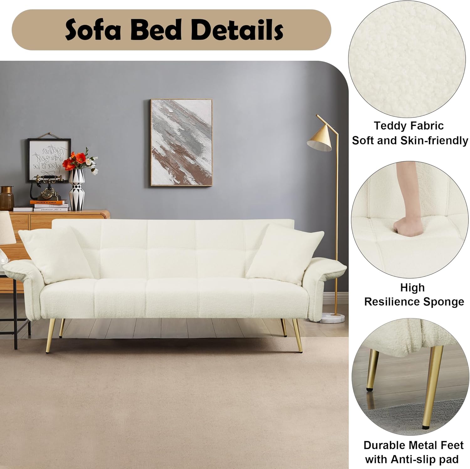 701 futon sofa bed, convertible double sofa bed with folding armrests for living rooms and