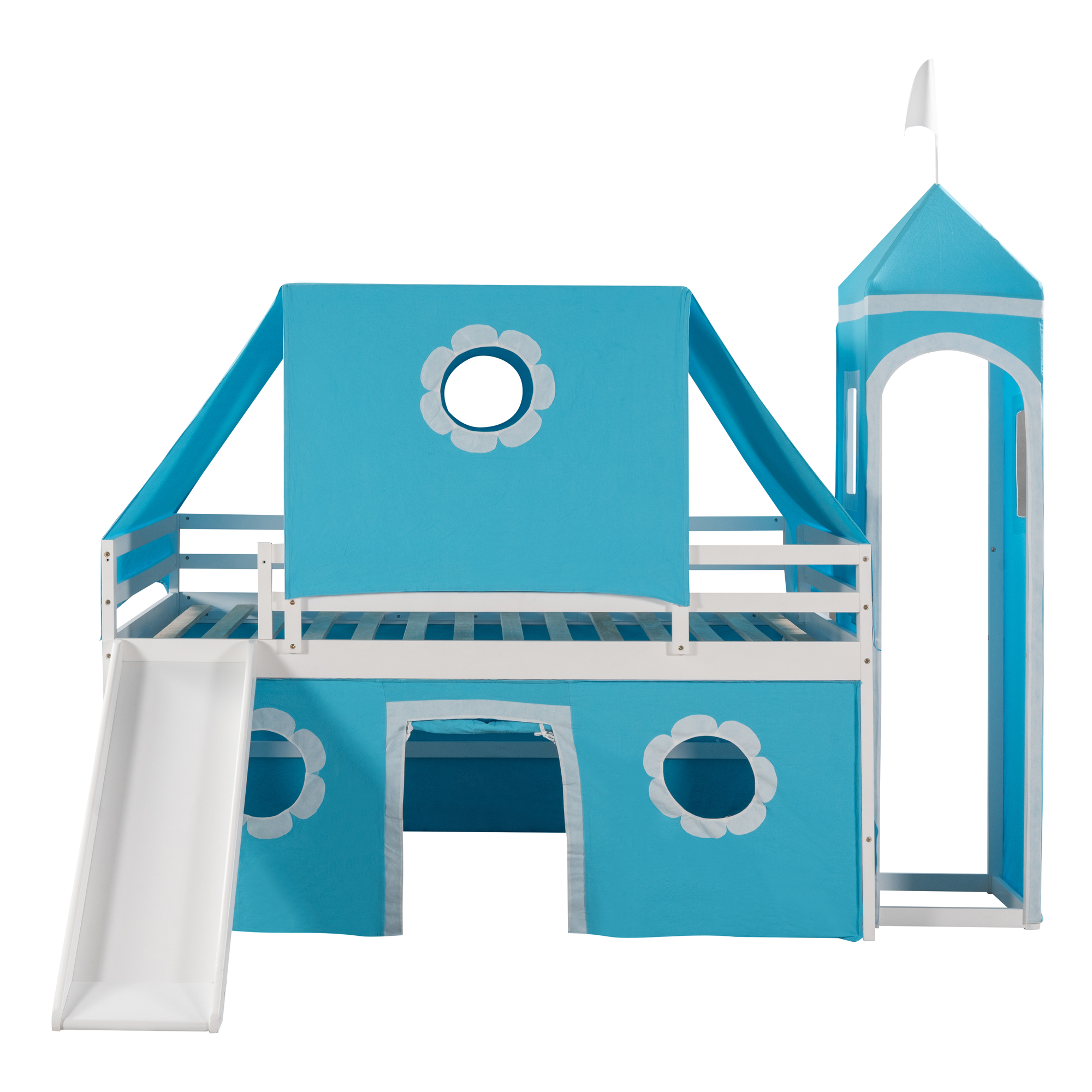 Wood Bunk Bed with Ladder & Safety Guardrail, Solid Wood Bed Frame for Dormitory & Multiple-Child Family, Bunk Bed with Slide Blue Tent and Tower(Blue, Full)