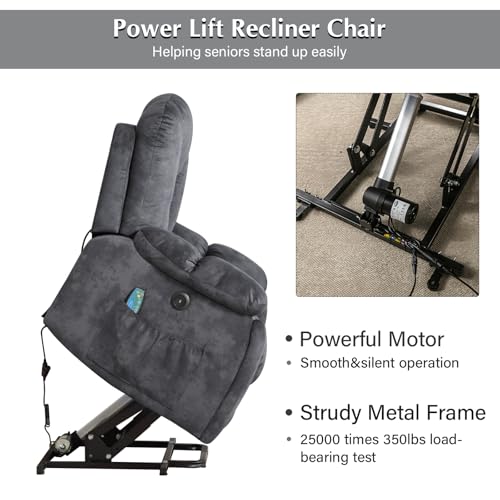 CANMOV Large Power Lift Recliner Chair with Massage, Heat, and USB for Elderly, Overstuffed Wide Recliners, Heavy Duty and Safety Motion Reclining Mechanism, Gray