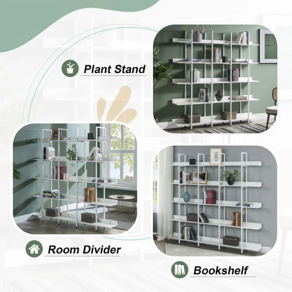 5 Tier Bookcase Home Office Open Bookshelf, Vintage Industrial Style Shelf with Metal Frame, MDF Board,White - Curated Treasures Market