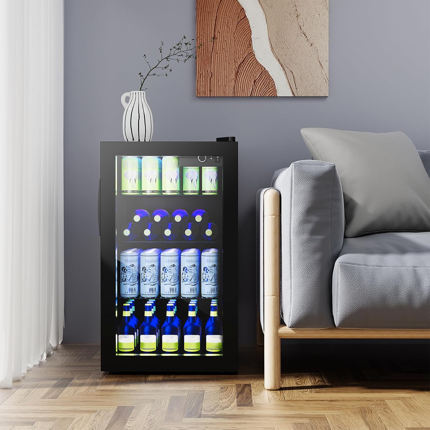 Mini Beverage Fridge, 120 Can, Beverage Fridge w/Glass Door, Adjustable Shelves, LED Light & Temperature Control, Small Beverage Refrigerator for Bedroom, Home, Office, Bar, 3.2 Cu. Ft.