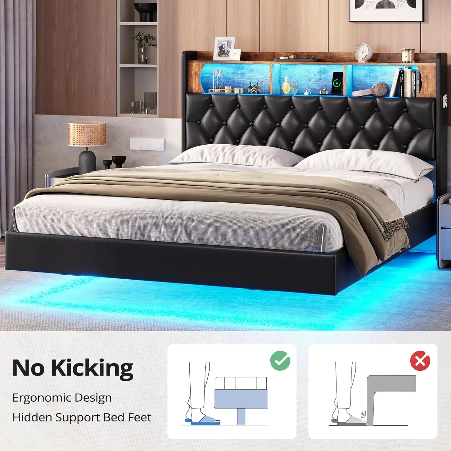 Full Size Floating Bed Frame with LED Light&Charging Station, Upholstered Platform Bed with Storage Headboard, Noise-Free, Black - Curated Treasures Market