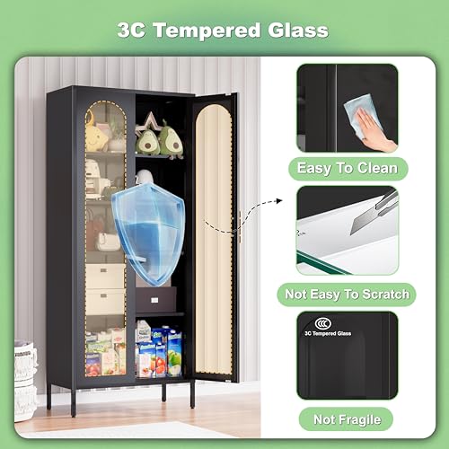 Metal Storage Cabinet, 71" Tall Black Display Curio Glass Storage Cabinet with Glass Doors and 4 Shelves, Storage Cabinet for Kitchen Pantry,Home Office, Living Room (71" Tall Cabinet)