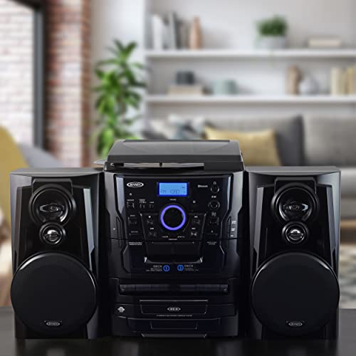 Jensen® Bluetooth® 3 Speed Stereo Turntable 3 CD Changer Music System with Dual Cassette Deck, Pitch Control and Remote Control