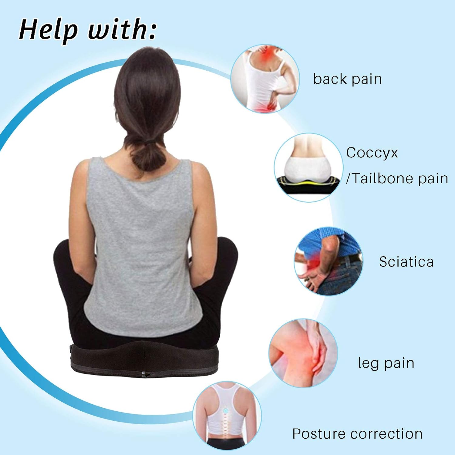 Office Chair Seat Cushion Comfortable Memory Foam Desk Chair Cushion Car Coccyx Seat Cushion Wheelchair Memory Foam Pillow with Anti-Slip Bottom Relieves Back, Hip, Tailbone, Sciatica Pain, Black