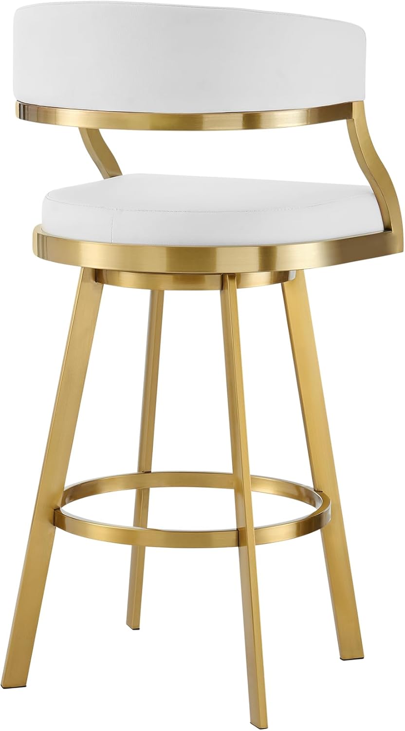 Armen Living Saturn 30" Swivel Bar Stool with Gold Brushed Stainless Steel and White Faux Leather