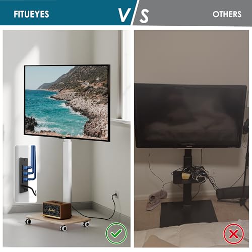 FITUEYES Rolling TV Stand with Power Outlets, Swivel Portable TV Stand for 32-75Inch LCD LED OLED Flat/Curved Panel Screen TVs, Height Adjustable&Wood Base, Mobile TV Cart Holds up to 99Lbs.