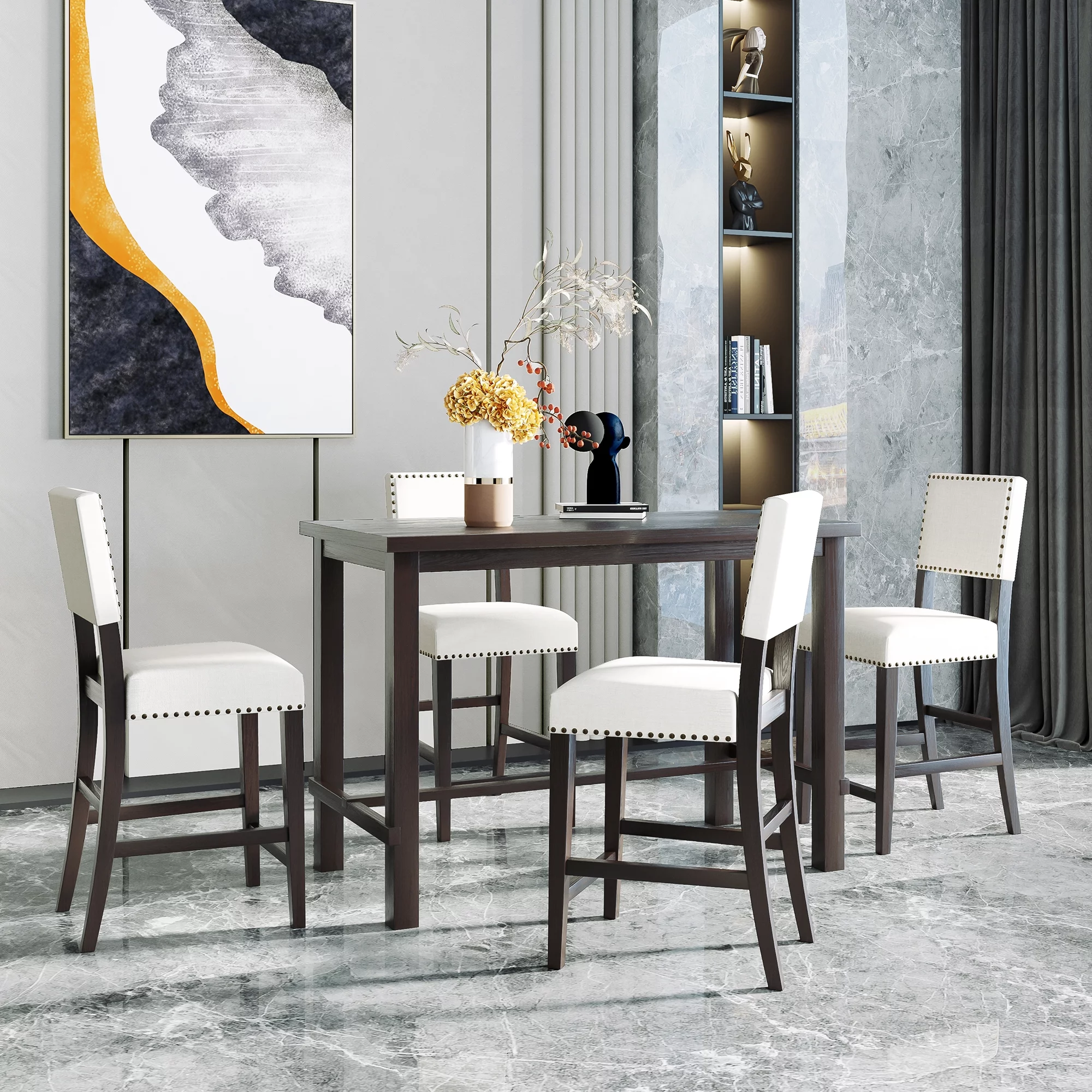 Bellemave Dining Table Set for 4, 5 Piece Counter Height Table Set with One Rectangle Table and 4 Cushioned Chairs, 5 Piece Dining Kitchen Table Set (Espresso and Beige)