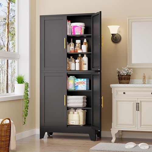 75.2" Tall Metal Pantry Cabinet, Storage Cabinets with 4 Door and 4 Adjustable Shelves, Black Kitchen Pantry Storage Cabinet, Freestanding Cupboard for Kitchen Dining Room Living Room Bathroom