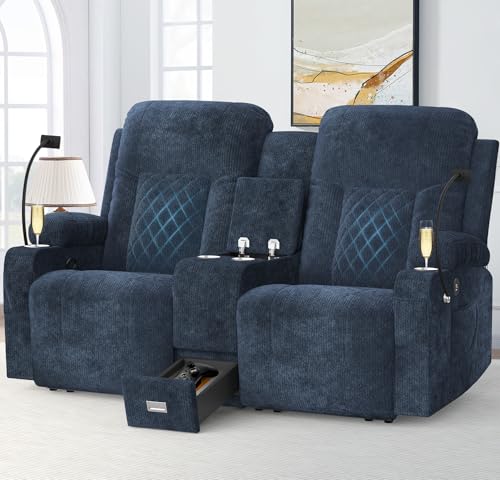 YONISEE Fabric Loveseat Recliner, Reclining Loveseat Sofa with Storage Console, Recliner Chair with USB Ports, 2 Cell Phone Holders, Cup Holder, Loveseat Couch for Living Room (Grey)