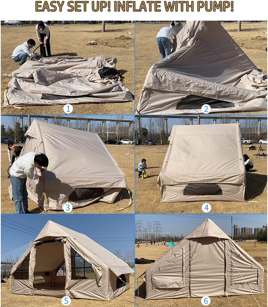 Inflatable Glamping Tent with Pump, Easy Setup Waterproof Outdoor Oxford Tents, Self-Supporting Structure Cabin Tent with Mosquito Screen, 4-5 Person Inflatable House Tent, 4 Season Air Tent