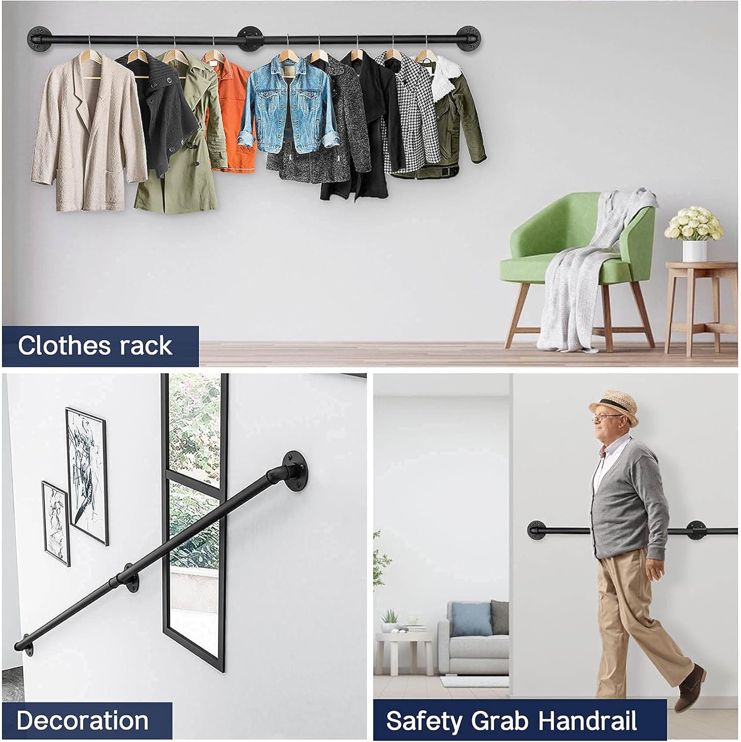 Seeutek Staircase Handrails 10FT Handrails for Indoor Stairs Stair Railing Hand Railings for Stairs Metal Railing Black Wrought Iron Pipe Handrail with Wall Mount Support