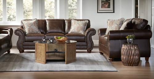 Traditional Western Sofa & Loveseat Set with Nailtrim Head and Faux Leather, Fully Assembled Living Room Furniture Sets MADE in USA (Brownie)