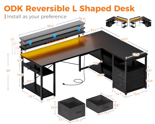 ODK L Shaped Gaming Desk with File Drawers, Reversible Computer Desk with Power Outlets & LED Lights, Home Office Desk with Storage Shelves, 61 Inch Bedroom Corner Desk with Monitor Stand, Grey