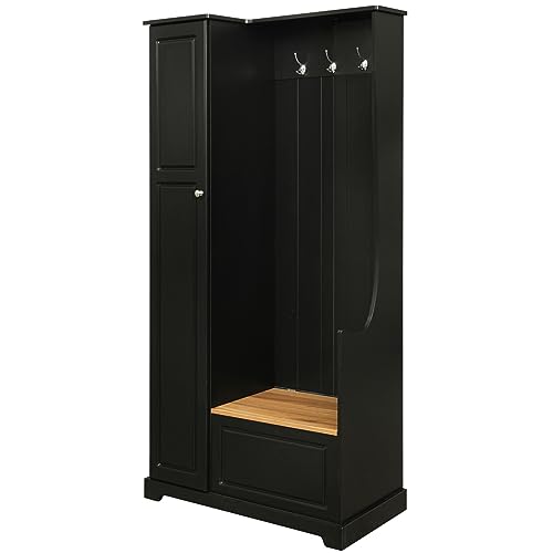 Stylish Design Hall Tree with Flip-Up Bench,Minimalist Hallway Shoe Cabinet with Adjustable Shelves,Coat Rack with Hanging Hooks for Entryways Mudroom,Black