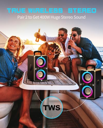 Portable Bluetooth Speaker, 200W (Peak) Loud Sound Stereo with subwoofer, Fast Charging, 20H Playtime, Wireless TWS Speakers with LED Light for Party Camping Outdoor Beach