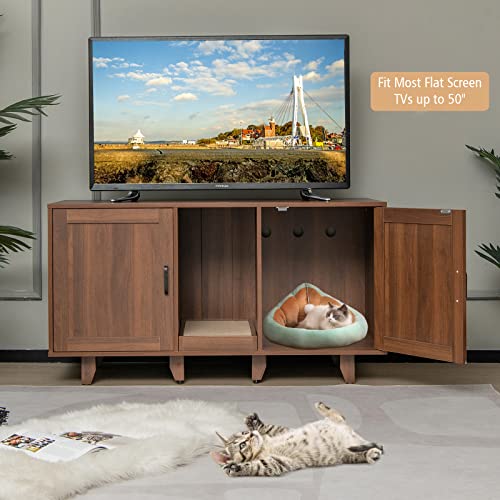 Tangkula Double Cat Litter Box Enclosure for 2 Cats, Large Stackable Hidden Privacy Cat Washroom Cabinet with Scratching Board, Indoor Cat House TV Stand, Litter Box Furniture (Grey Oak)