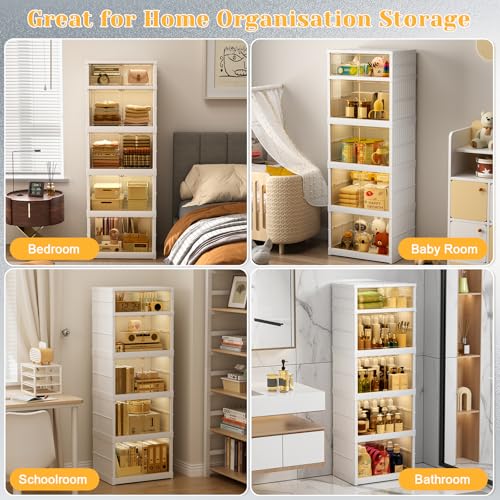 Collapsible Storage Bins with Wheels, 108 Gal Foldable Closet Organizers and Storage, Plastic Storage Cabinet with Door, 5 Tier Storage Containers for Kitchen Office Bedroom, White