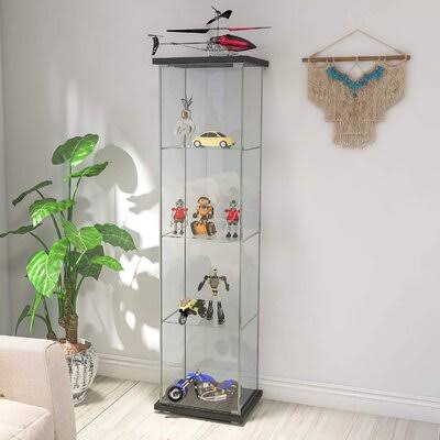 Glass Cabinet-B Glass Display Cabinet 4 Shelves with DOOR, Floor Standing Curio Bookshelf for Living Room Bedroom Office Ebern D