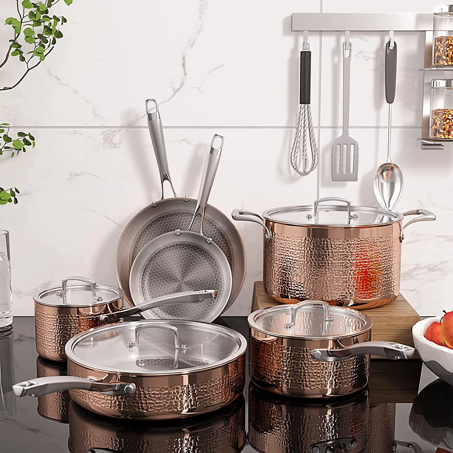 Homaz life Pots and Pans Set  Tri-Ply Stainless Steel Hammered Kitchen Cookware  Induction Compatible  Dishwasher and Oven Safe  Non-Toxic  Professional Grade Cooking Sets  7-Piece  Black