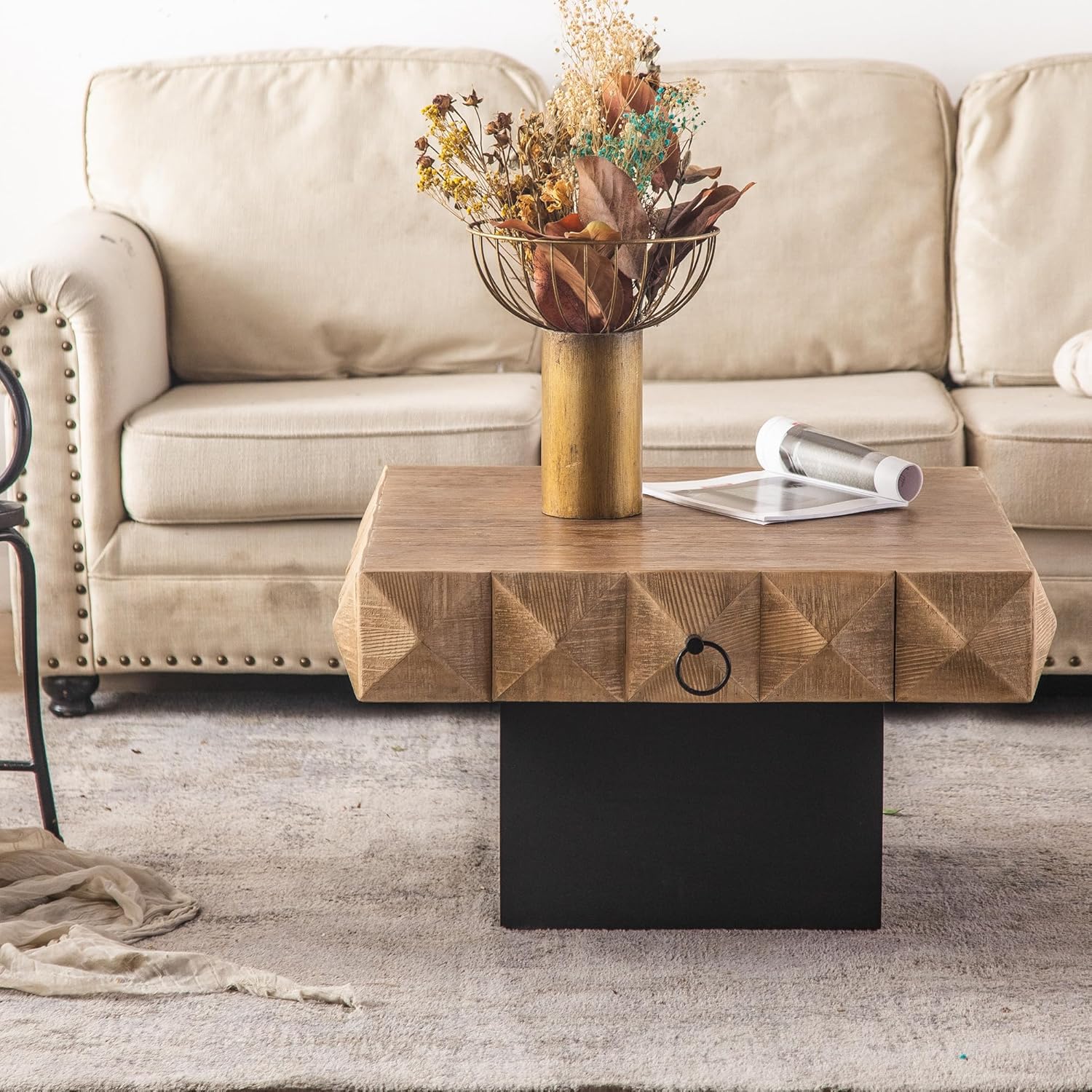 SSLine Square Coffee Table,32" Vintage Solid Wood Center Table with 2 Drawers Storage Space,Rustic Embossed Pattern Cocktail Table Center Large Circle Coffee Table for Living Room Home