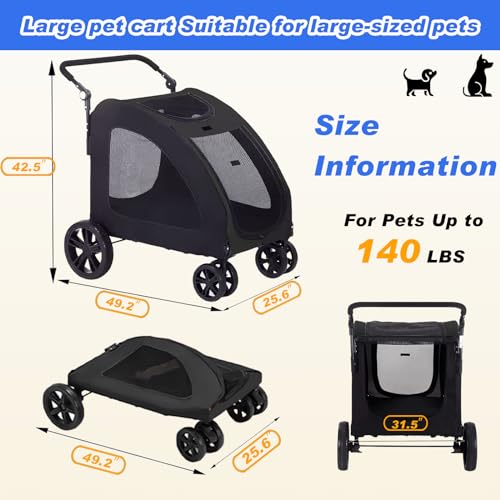 Large Dog Stroller, Removable Cushion Adjustable Handle Foldable 4 Wheel Pet Stroller, Front and Back Access to Dog Wagon for 180 lbs Large Dog or 2 Medium Dogs (Black)