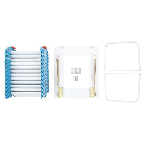 12 Steps Folding Attic Ladder Pull Down System, Wall Mounted Multifunctional Loft Ladder, Blue and White Retractable Collapsible Ladder with Armrests for Attics & Basements