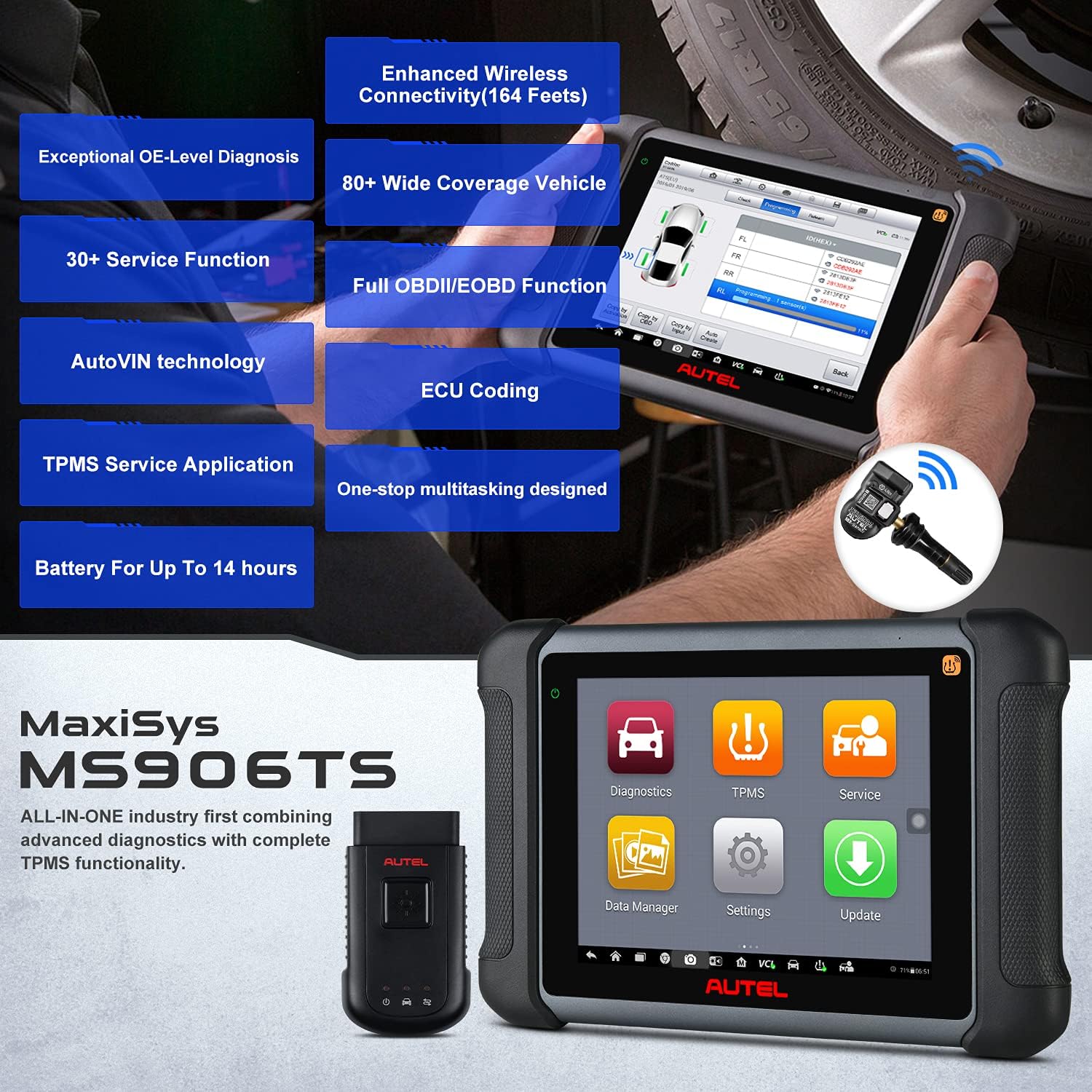 Autel Scanner MaxiSys MS906TS Diagnostic Scan Tool, 2022 Upgraded of MK906BT MS906BT MP808TS MS906 TS608 with Complete TPMS Functions, ECU Coding, Bi-Directional Control, All Systems & 31 Services