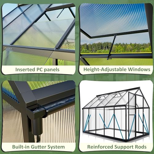 6x7.5 FT Greenhouse for Outdoors, Polycarbonate Greenhouse with Quick Setup Structure and Roof Vent, Aluminum Large Walk-in Greenhouse for Outside Garden Backyard, Black