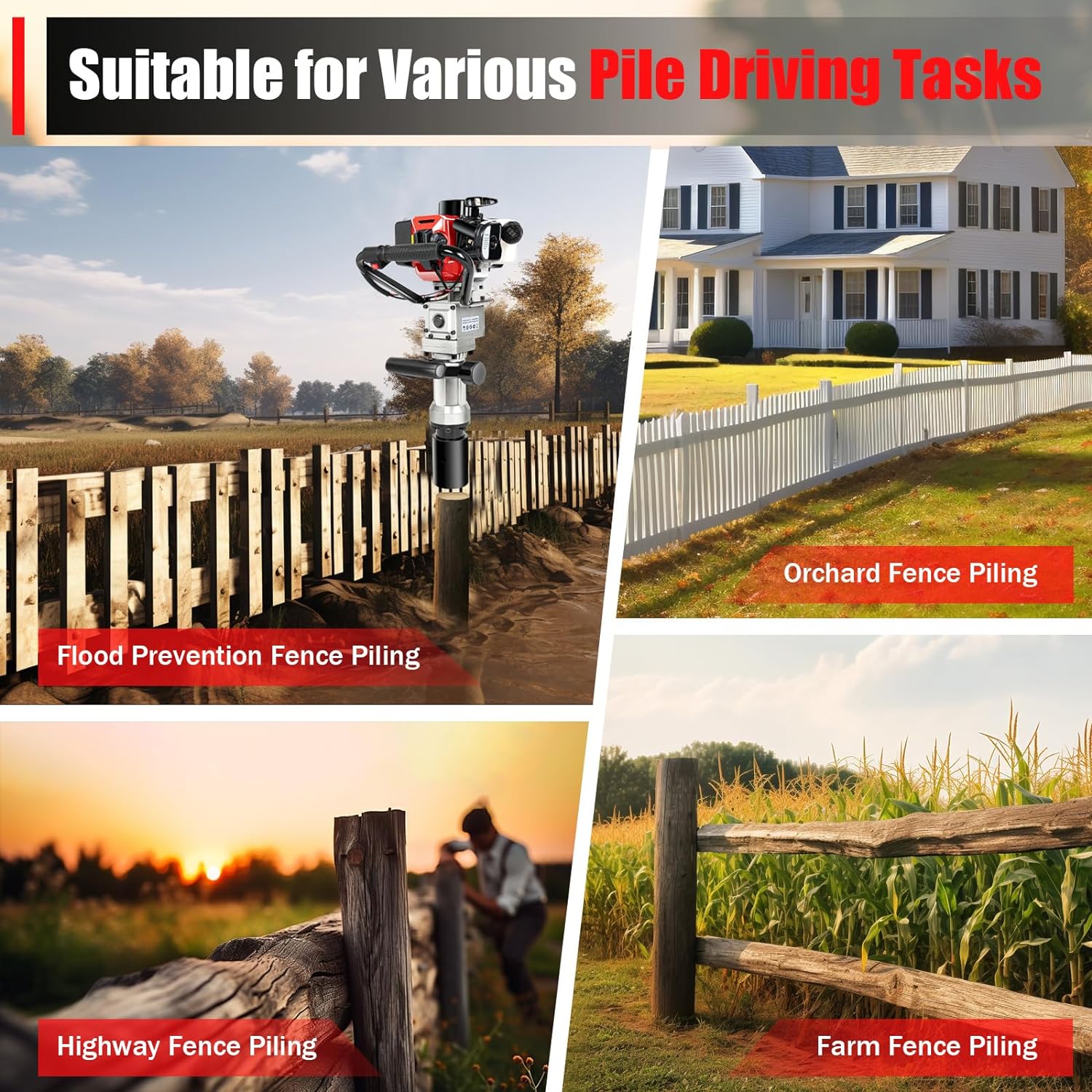 32.7CC T-Post Driver, 2-Stroke Gas Powered Farm Piling Driver, 900W Gas Powered Maximum Rotational Speed is 8500r/min, Push Pile Digger for Fence Piling Agriculture
