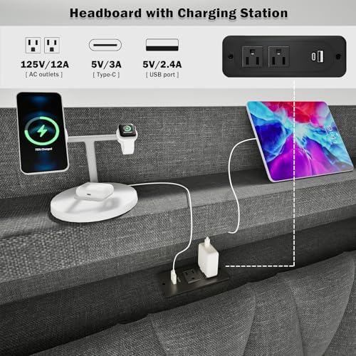 King LED Bed Frame with Hidden Storage and 2-Tier Storage Shelvs Headboard,Bed Frame with Charging Station and LED Lights,No Box Spring Needed, Dark Gray Linen Cloth